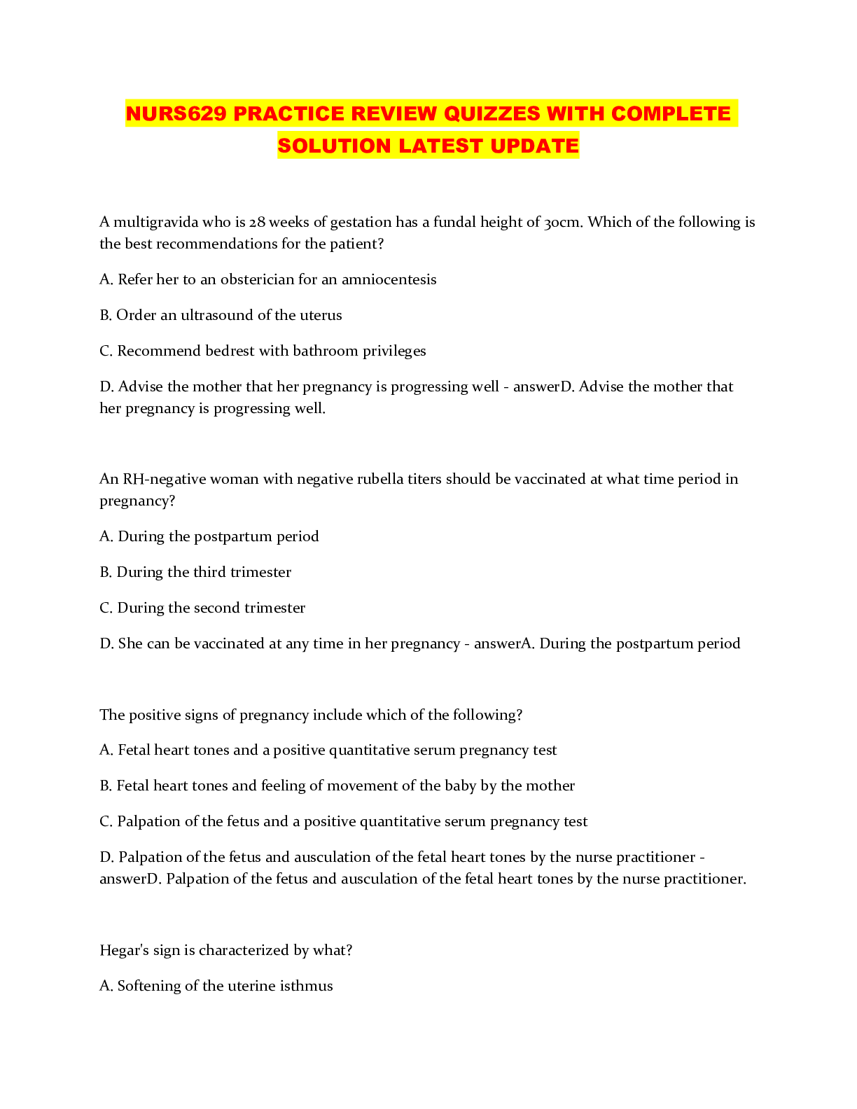 Preview of NURS629 PRACTICE REVIEW QUIZZES WITH COMPLETE SOLUTION LATEST UPDATE